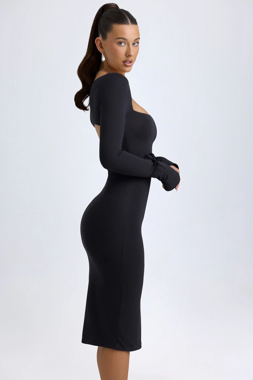 Modal Square-Neck Long-Sleeve Midi Dress in Black