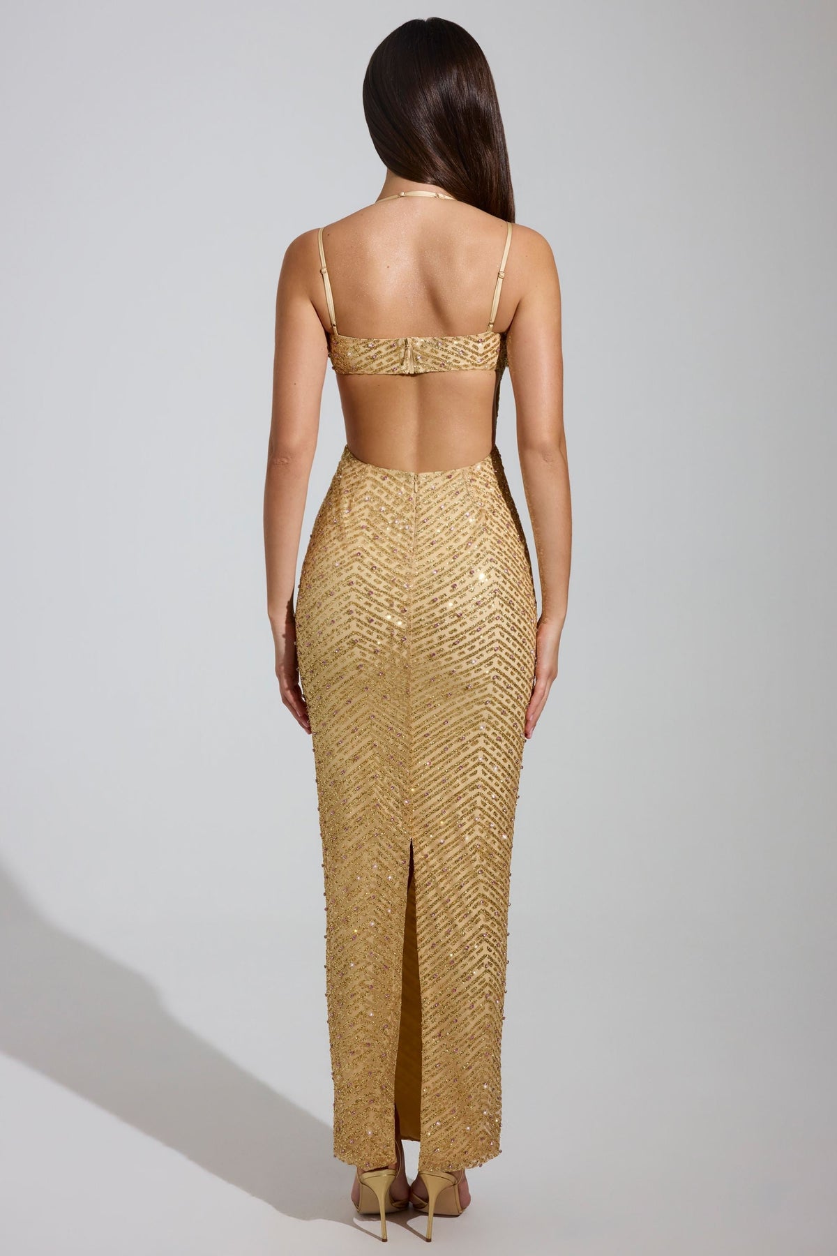 DressNovel Cowl-Neck Maxi Dress in Gold