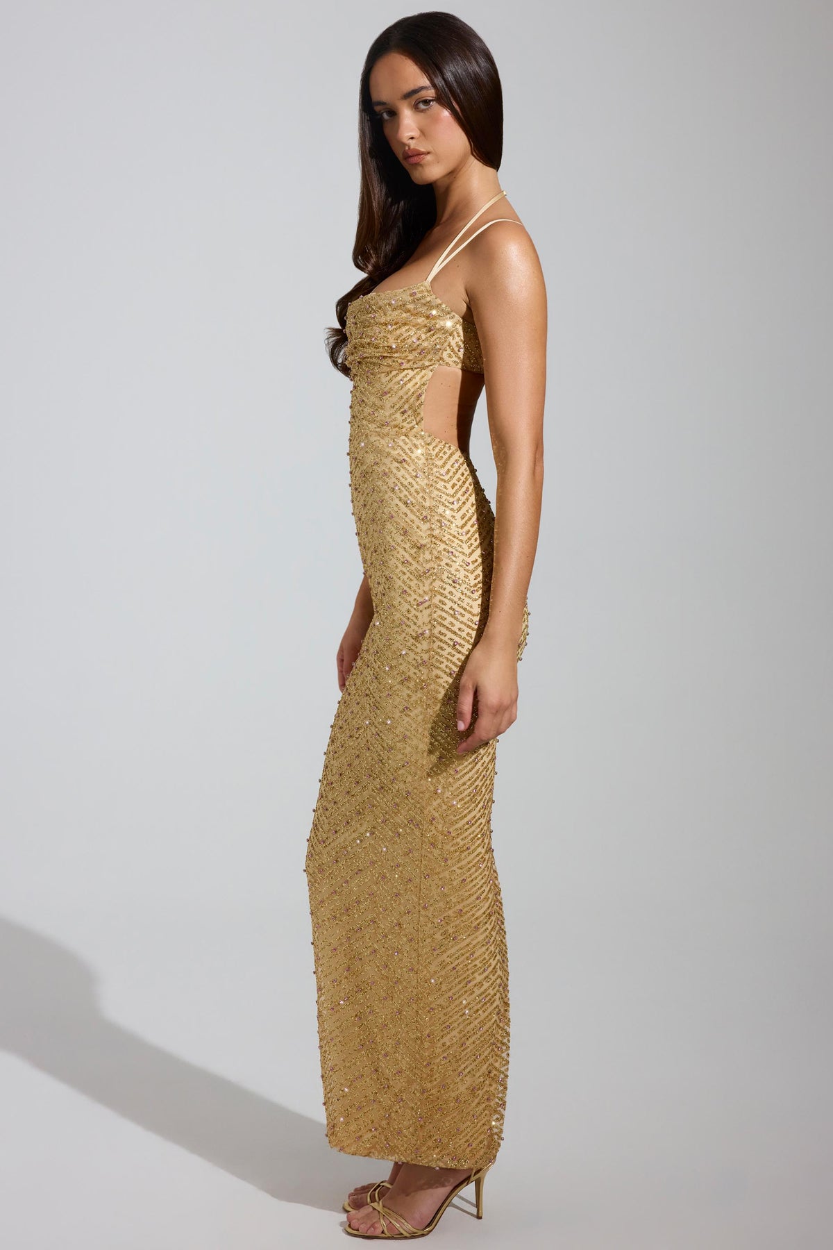 DressNovel Cowl-Neck Maxi Dress in Gold