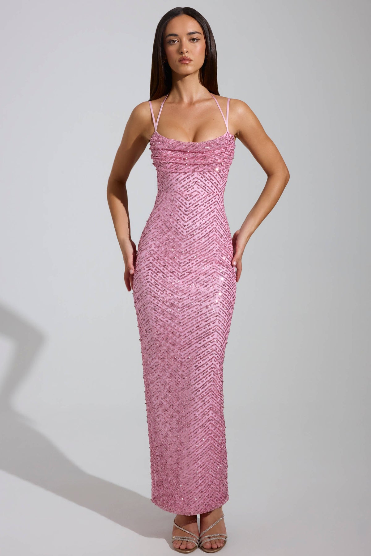 DressNovel Cowl-Neck Maxi Dress in Pink